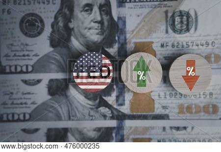 Fed Wording With Up And Down Arrow On Usd Dollar Banknote For Federal Reserve Increase And Decrease 