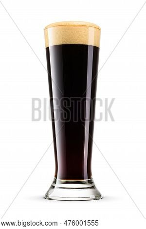 Pilsner Glass Of Fresh Delicious Dark Stout Beer With Cap Of Foam Isolated On White Background.