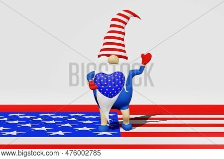 United States Independence Day Gnome In Striped Hat 3D Rendering. 4Th Of July National Usa Holiday G