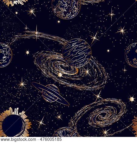 Pattern With Planets And Galaxies.vector Pattern With Planets, Stars And Galaxies On A Colored Backg