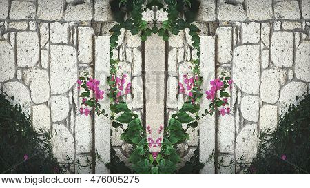 Symmetrical Deorative Background, Vegetation And Tiles. Israel Garden Decision