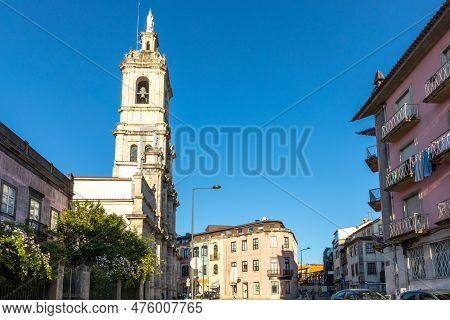 Braga, Portugal - April 30, 2023: Scenic View To Carmo Church Tower, Igreja Do Carmo. Braga, Portuga