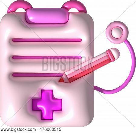 Illustration 3d. Checklist Or Patient History With Stethoscope. Icon Of Patient Treatment Diagnosis 