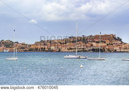 View From Magazzini Beach To The Skyline Of Portoferraio, Elba Island, Italy