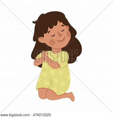 Little Girl Praying Sitting On The Floor With Bended Legs Vector Illustration