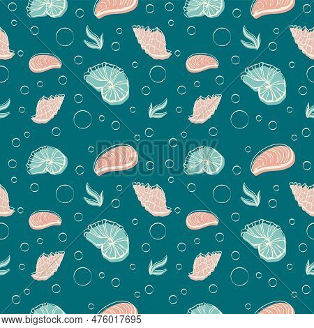 Seamless Pattern With Shells. Vector Illustration. Sea Clums Seamless Pattern. Tropical Underwater