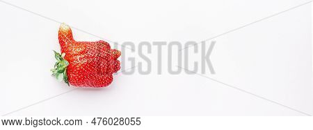 Unusual Strawberry In The Shape Of Hand With Thumb Up Similar The Like Sign, Berry Background, Top V