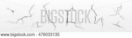 Paint Wall Crack Effect Vector Set On Transparent Background. Isolated Cleft Pattern Brush For Grung