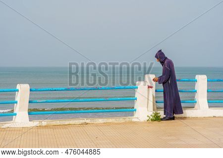 El Jadida, Morocco - April 08, 2023: View Of The Beach Promenade, With A Local, In El Jadida, The At