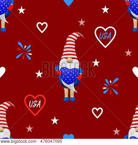 United States Independence Day Gnome Striped Hat Seamless Pattern. 4Th Of July National Usa Flag Hol