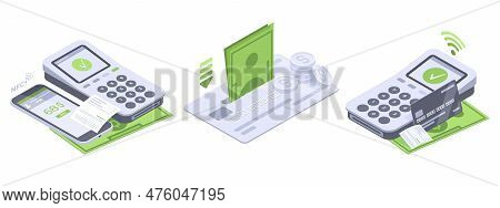 Isometric Payment, Smartphone And Credit Card. Mobile Banking Transaction, Payment Terminal Online C