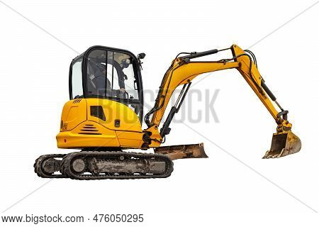 Small Or Mini Yellow Excavator Isolated On White Background. Construction Equipment For Earthworks I
