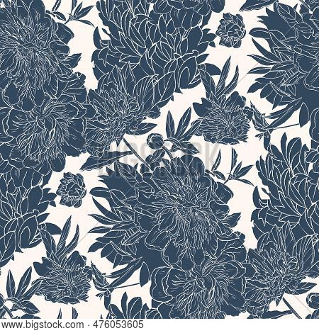 Seamless Pattern With Peonies. Detailed Monochrome Drawing. Vector Illustration.