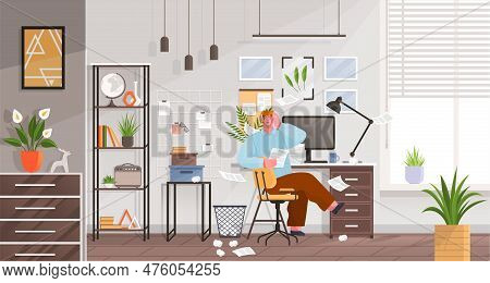 Confusion And Mess. Stressed Man Office Worker Spreading Papers. Tired Confused Worker Sits At Table