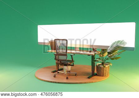 Isolated Computer Workspace On Wooden Podium With Giant Widescreen Monitor; Freelance And Home Offic