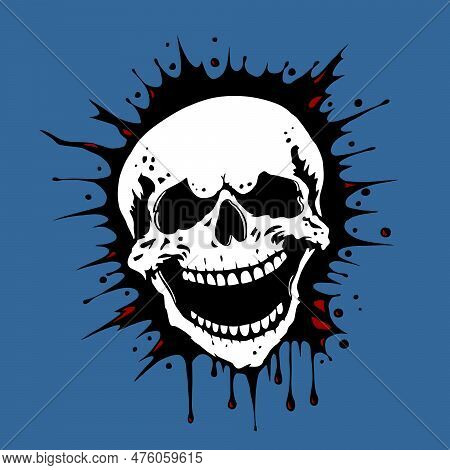 Human Skull With Mouth Open In Hideous Grin. Vector Illustration Isolated On Blue.