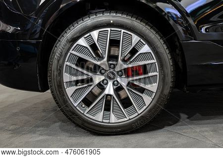 Riga, Latvia, April 28, 2023: Close-up Of Audi Q8 E-tron Wheel, Decorative New Design Alloy Wheels
