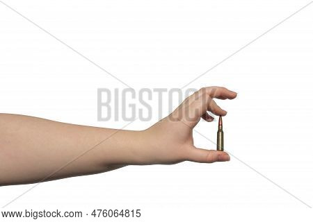 Rifle Cartridge In Hand On A Transparent Background. Close-up. Military Support Concept