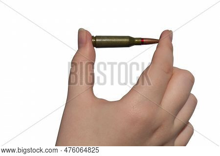 Rifle Cartridge In Hand On A Transparent Background. Close-up. Military Support Concept