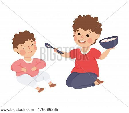 Elder Brother Feeding The Younger. Happy Kids Brothers Playing And Spending Good Time Together Carto