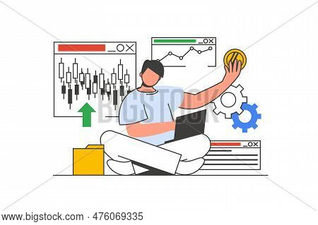 Stock Market Outline Web Concept With Character Scene. Man Analyzing Candlestick Chart, Investing Mo