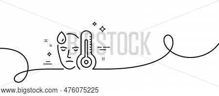 Sick Man With Fever Line Icon. Continuous One Line With Curl. Temperature Thermometer Sign. Flu Illn