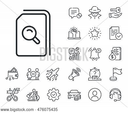 File With Magnifying Glass Sign. Salaryman, Gender Equality And Alert Bell Outline Icons. Search Doc