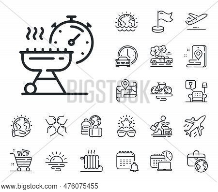 Barbecue Cooker For Cooking Food Sign. Plane Jet, Travel Map And Baggage Claim Outline Icons. Grill 