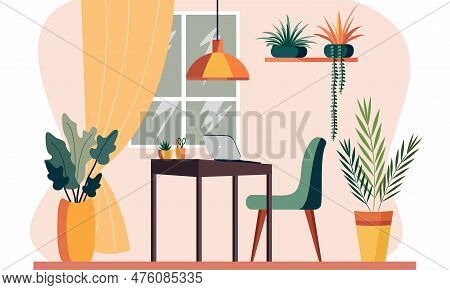 Cozy Room To Work From Home. Office Table, Computer, Workplace. Modern Interio. Vector Illustration