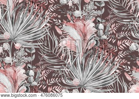 Seamless Pattern With Herbs And Palm Leaves And Pampas Grass For Textile