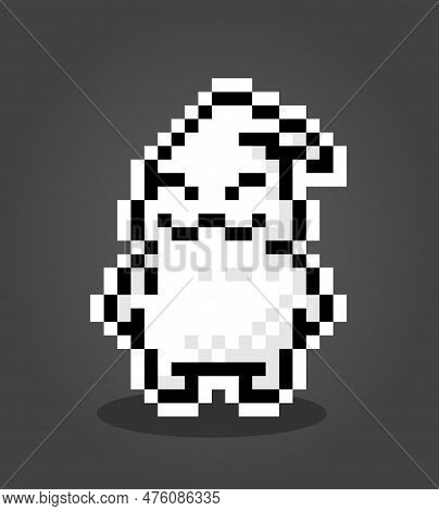 8 Bit Pixel Ghost. Cute Fat Ghost In Vector Illustration.