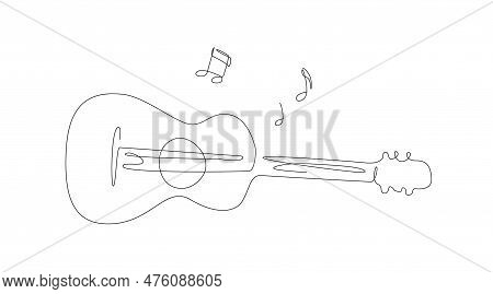 One Line Acoustic Guitar Illustration With Notes. Music Band Instrument Line Art. Steel Guitar Logo 