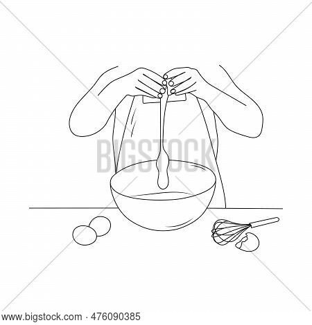 Person Cooking Food From Flour And Eggs. Woman Making Dough For Baking In Bowl. Line Art. Hand Drawn