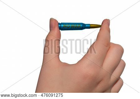 Yellow-blue Rifle Cartridge With The Inscription No War In Hand On A Transparent Background. Nationa