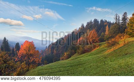 Autumn Morning On Mountain Willage Surroundings. Jaremche Town Outskirts, Ivano-frankivsk Region, Uk