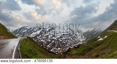Spring Cloudy Overcast Mountain Landscape, Oberalp Pass, Switzerland.