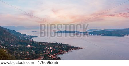 Sea Twilight Panorama, Croatian Islands And Viganj Village On Seashore (peljesac Peninsula, Croatia)