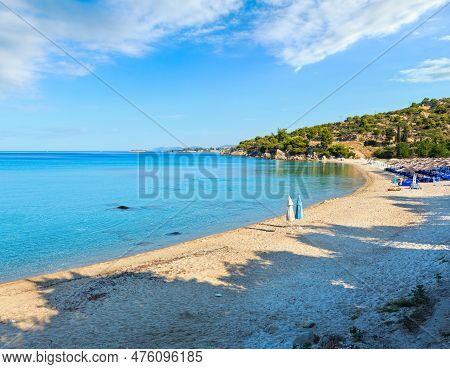 Morning Sandy Kaviou Beach. Summer Top View (nikiti, Sithonia, Halkidiki, Greece). People Unrecogniz