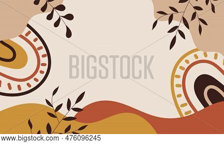 Aesthetic Background. Boho Background. Background With Rainbow, Leaves, And Geometric Shapes In Boho