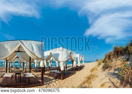 Luxury Beach Tents Canopies On Morning Paradise White Sandy Beach (pescoluse, Salento, Puglia, South