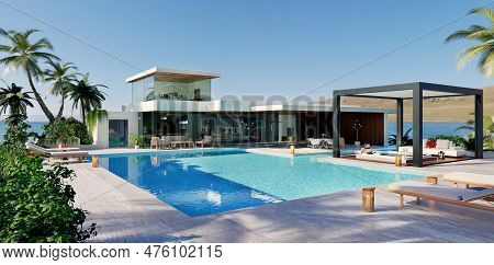 3d Illustration Of Luxury Modern Villa Next To Sea. Private House With Swimming Pool, Pergola And Wh