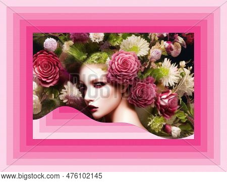 Modern Design Card, Banner, Cover, Poster, Flyer, Portrait Of Woman With Flowers
