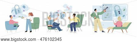 Concept Of Addiction Treatment In Group Therapy. Person Talking To Psychotherapist. Private Psycholo