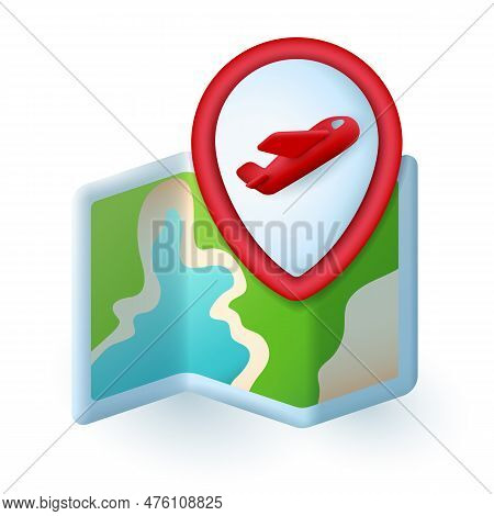 Paper Map With Location Pin For Traveling 3d Illustration. Cartoon Drawing Of Map For Tourists Plann