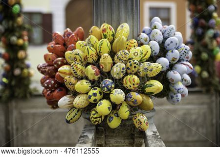 Easter Decoration Made With Colored Eggs In The Street Of The Germany Village Of Berching