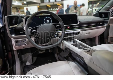 Riga, Latvia, April 28, 2023: Hyundai Ioniq 6 Interior, Steering Wheel, Center Console, Cockpit, Das
