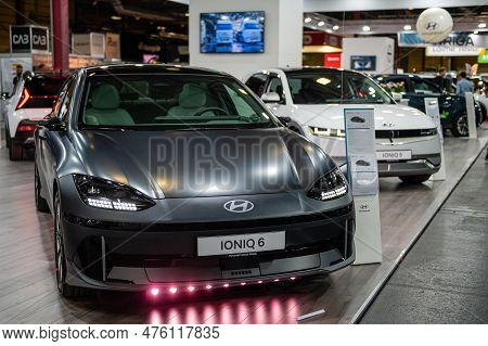 Riga, Latvia, April 28, 2023: Electric Supercar Hyundai Ioniq 6 Premiere At A Motor Show, 2023 Model