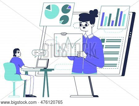 Online Business Consulting Or Advice Service. Woman On Gadget Screen Provide Service, Web Platform A