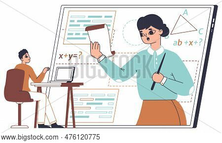 Online Education, Web Math Class, E-learning Service. Teacher On Gadget Screen Provide Educational S