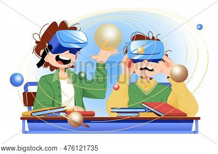 Virtual Reality Aducation Concept. Two School Boys Exploring Solar System With Help Of Virtual Reali